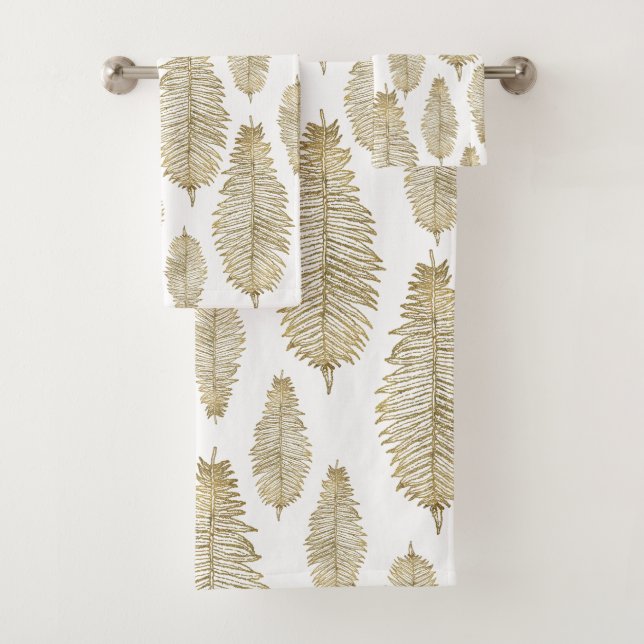 Conjunto De Toalhas Padrão De Folha De Fern Branco E Dourado Do Elegan (Insitu)