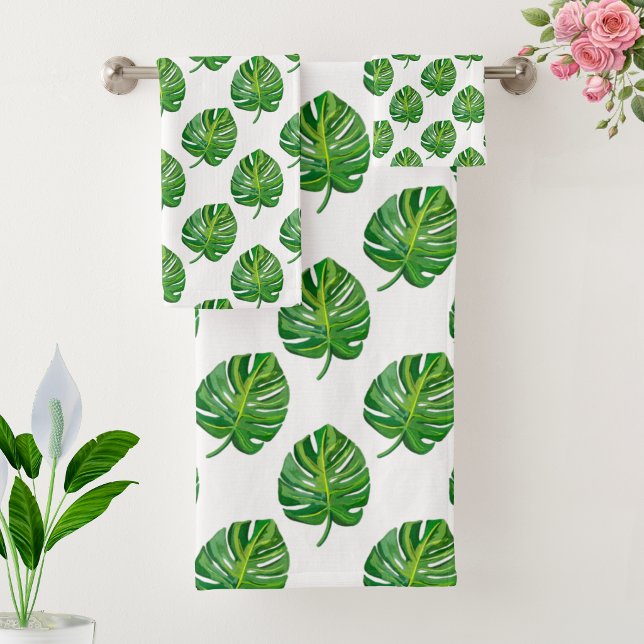 Conjunto De Toalhas Padrão de Folha de Monstera Verde Simples em Branc (Criador carregado)