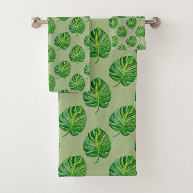 Conjunto De Toalhas Padrão de Folha de Monstera Verde Simples em Verde (Insitu)