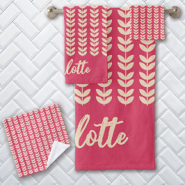 Conjunto De Toalhas Padrão de Folha Retro Monograma Rosa Vintage