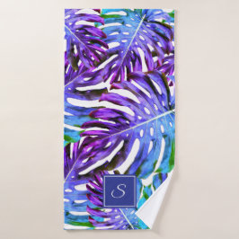Conjunto De Toalhas Padrão de Folha Tropical de Monograma Azul Roxo Mo