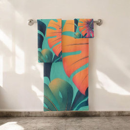Conjunto De Toalhas Padrão de Folha Tropical Vibrante de Neon Monstera