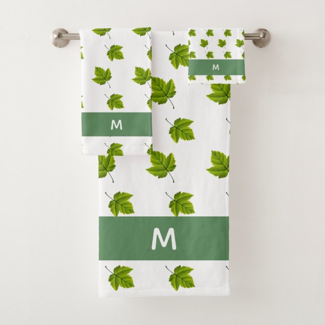 Conjunto De Toalhas Padrão de Folha Verde e Monograma em Branco  (Insitu)