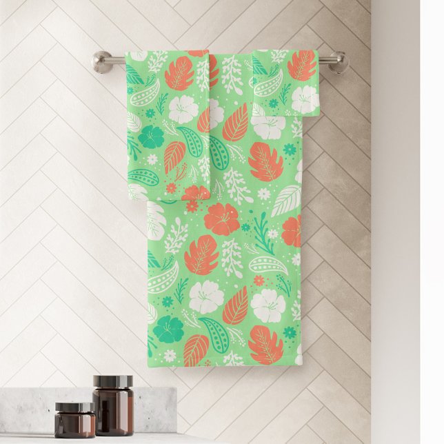 Conjunto De Toalhas Padrão de Folhagem Tropical Verde e Laranja (Green & Orange Hibiscus and Paisley Pattern Bath Towel Set)
