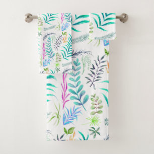 Conjunto De Toalhas Padrão de Folhas Botânicas de Aquarela Branco