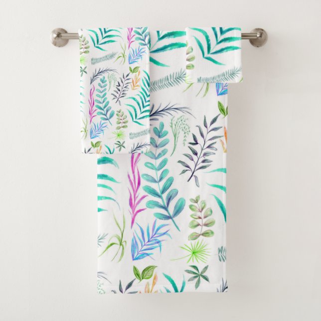 Conjunto De Toalhas Padrão de Folhas Botânicas de Aquarela Branco (Insitu)