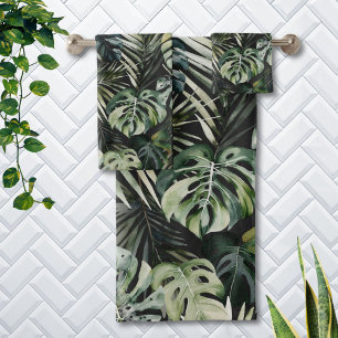 Conjunto De Toalhas Padrão de Folhas de Floresta Tropical Verde Aquare