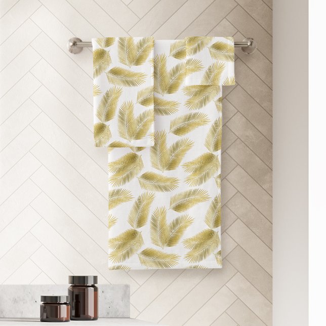 Conjunto De Toalhas Padrão de Folhas de Folha de Ouro (Gold Foil Palm Leaves Pattern Bath Towel Set)
