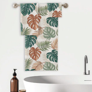 Conjunto De Toalhas Padrão de Folhas Tropicais Boho Bege Verde Ferruge