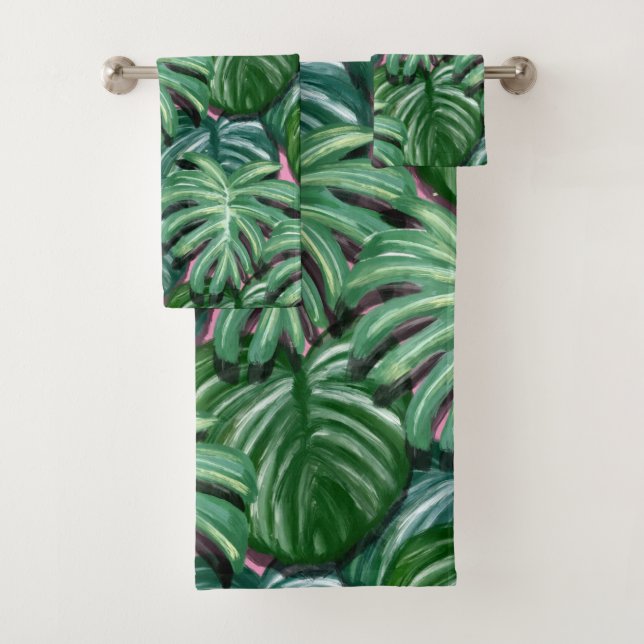 Conjunto De Toalhas Padrão de Folhas Tropicais Verde Exótica (Insitu)