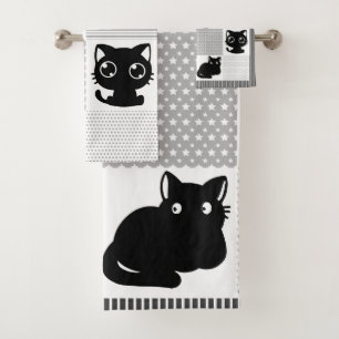 Conjunto De Toalhas Padrão de Gato Preto Cinto