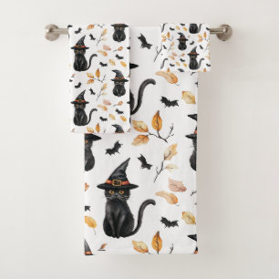 Conjunto De Toalhas Padrão de Gato Preto do Halloween - Gato Bruxo
