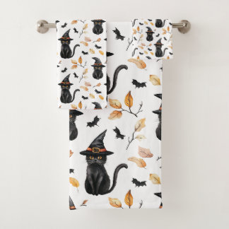 Conjunto De Toalhas Padrão de Gato Preto do Halloween - Gato Bruxo