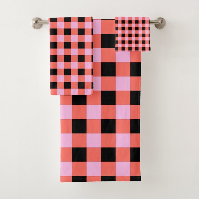 Conjunto De Toalhas Padrão de Gingham, com Verificação a Preto, Rosa (Insitu)