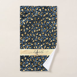 Conjunto De Toalhas Padrão de Leopardo Monograma Azul Dourado  