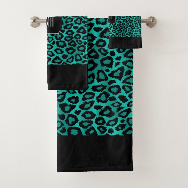 Conjunto De Toalhas Padrão de Leopardo Negro e Teal com Monograma (Insitu)
