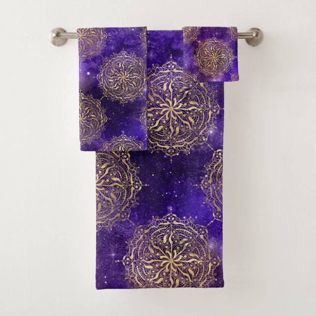 Conjunto De Toalhas Padrão de Mandala Dharma da Galáxia Dourada e Roxa (Insitu)