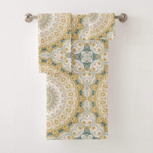 Conjunto De Toalhas Padrão de Mandala Dourado e Branco com Acentos em  (Insitu)