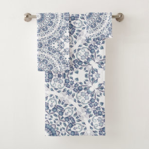Conjunto De Toalhas Padrão de Mandala Floral Branco Azul Empoeirado