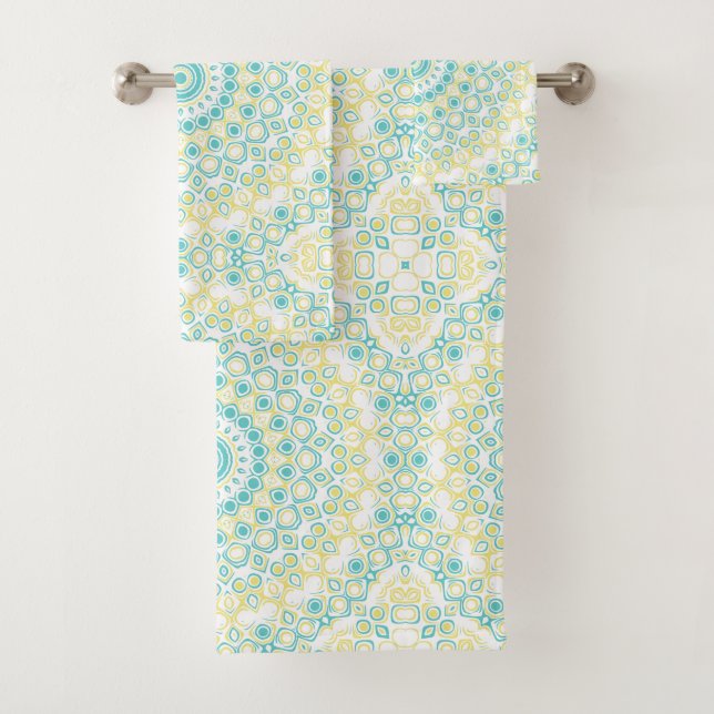 Conjunto De Toalhas Padrão de Mandala Geométrico Azul Turquesa e Amare (Insitu)