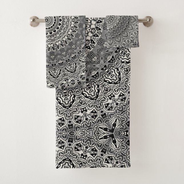 Conjunto De Toalhas Padrão de Mandala Geométrico Preto e Branco (Insitu)