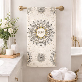 Conjunto De Toalhas Padrão de Mandala Monograma Dourado Cinza