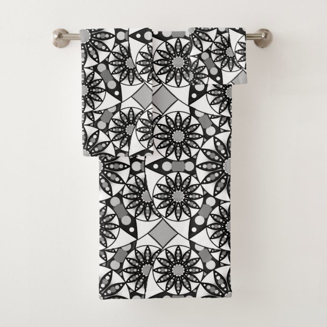 Conjunto De Toalhas Padrão de Mandala, preto, branco e Cinza (Insitu)