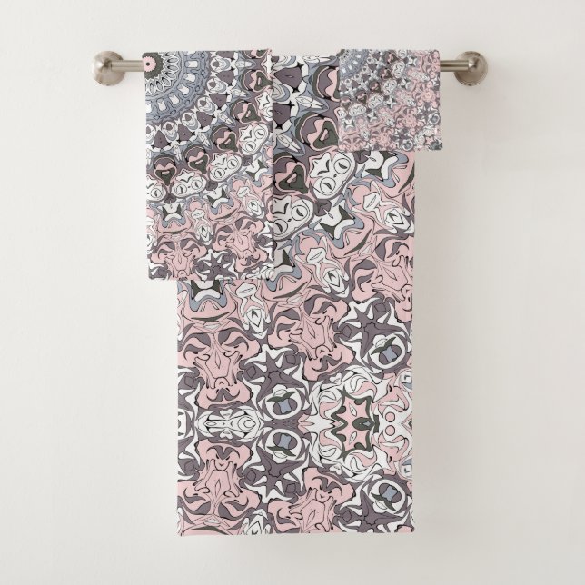 Conjunto De Toalhas Padrão de Mandala Rosa Cinza e Branco (Insitu)