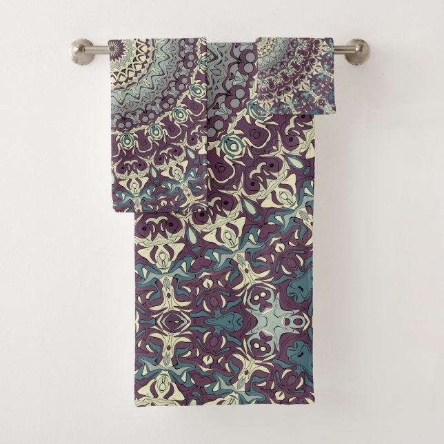 Conjunto De Toalhas Padrão de Mandala Roxo Turquesa e Creme (Insitu)