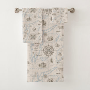 Conjunto De Toalhas Padrão de Mapa do Oceano Vintage