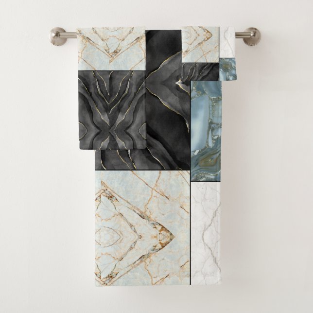 Conjunto De Toalhas Padrão de mármore branco e preto na moda Dourado (Insitu)