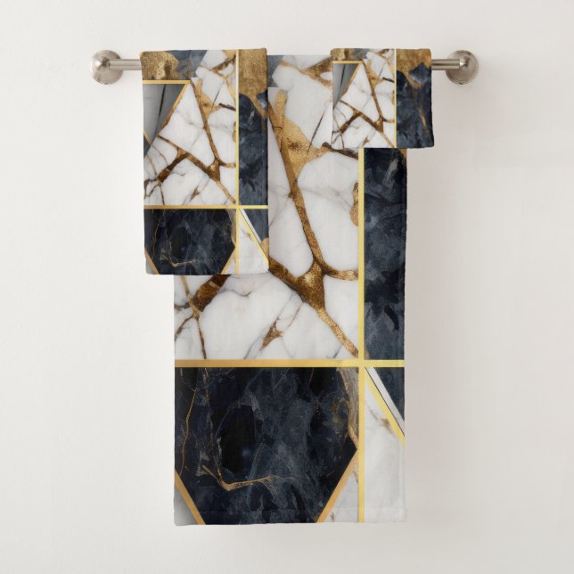 Conjunto De Toalhas Padrão de mármore geométrico preto Dourado da Tend (Insitu)