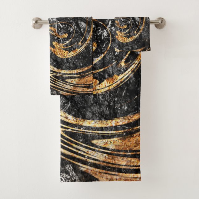 Conjunto De Toalhas Padrão de Mármore Preto Dourado Moderno (Insitu)