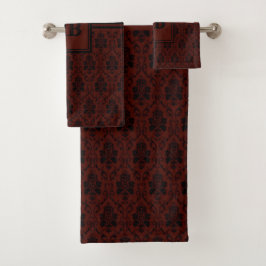 Conjunto De Toalhas Padrão de Monograma em Damasco Burgundy e Preto