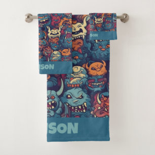 Conjunto De Toalhas Padrão de Monstro de Crianças de Nome Personalizad