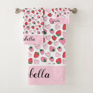 Conjunto De Toalhas Padrão de Morango Vermelho e Rosa, Cuto, Personali
