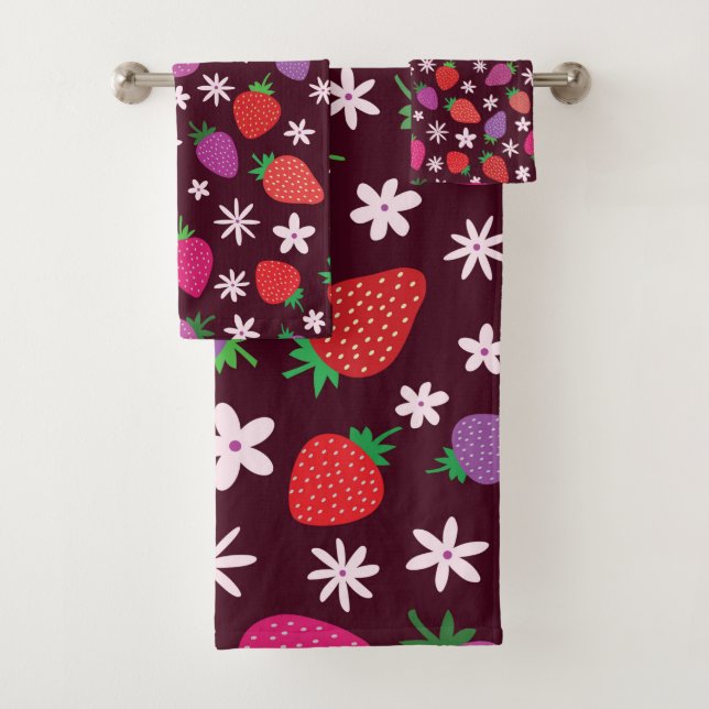 Conjunto De Toalhas Padrão de Morangos e Flores Brancas  (Insitu)