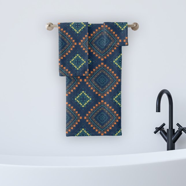 Conjunto De Toalhas Padrão de Mosaico Chic do Folk Étnico Azul Profund (Criador carregado)