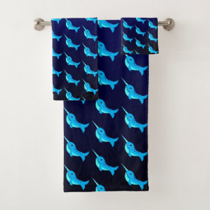 Conjunto De Toalhas Padrão de narvais azuis de cartoon no azul Marinho