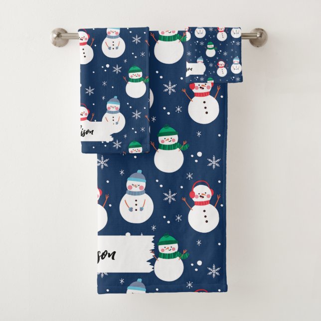 Conjunto De Toalhas Padrão de Natal Blue Snowman com Nome (Insitu)