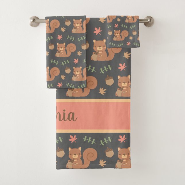 Conjunto De Toalhas Padrão de Nome de Folhas de Outono de Esquilo Fofo (Insitu)