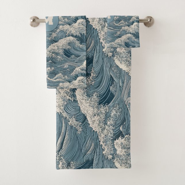 Conjunto De Toalhas Padrão de Ondas do Monograma Personalizado (Insitu)