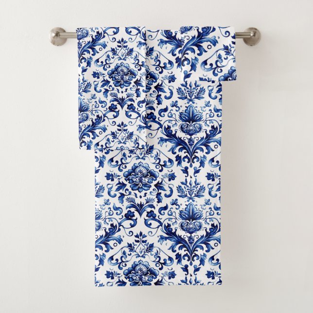 Conjunto De Toalhas Padrão de ornamento floral do estilo Delft azul e  (Insitu)