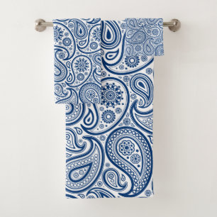 Conjunto De Toalhas Padrão de Paisley Azul e Branco do marinho