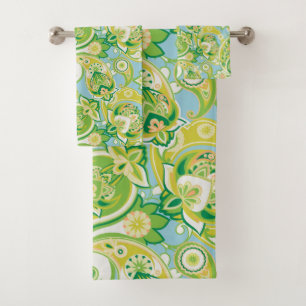 Conjunto De Toalhas Padrão de Paisley Azul Primavera verde fresco