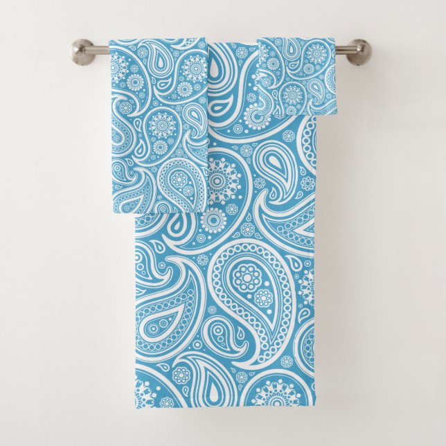 Conjunto De Toalhas Padrão de paisley branco e azul (Insitu)