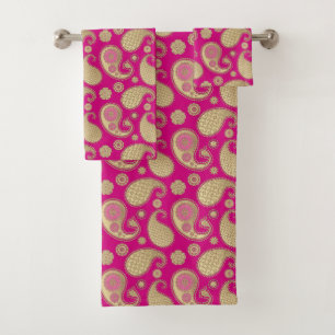 Conjunto De Toalhas Padrão de Paisley, Dourado Suave no Rosa Profundo