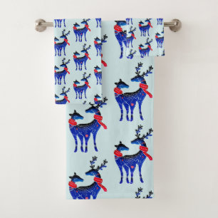 Conjunto De Toalhas Padrão de Par de Reindeer Nórdico Azul