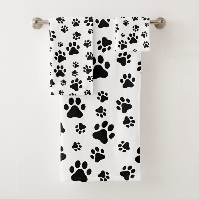 Conjunto De Toalhas Padrão De Patas, Patas Cachorros, Preto e Branco (Insitu)