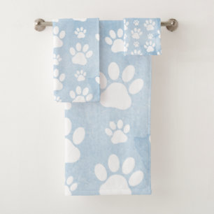 Conjunto De Toalhas Padrão De Patas, Pestanas Brancas, Aquarelas, Azul